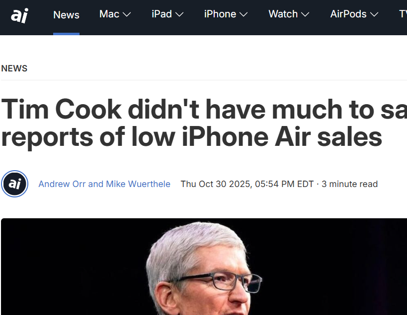 庫克對(duì)iPhone Air三緘其口,產(chǎn)品市場(chǎng)表現(xiàn)成謎 圖片